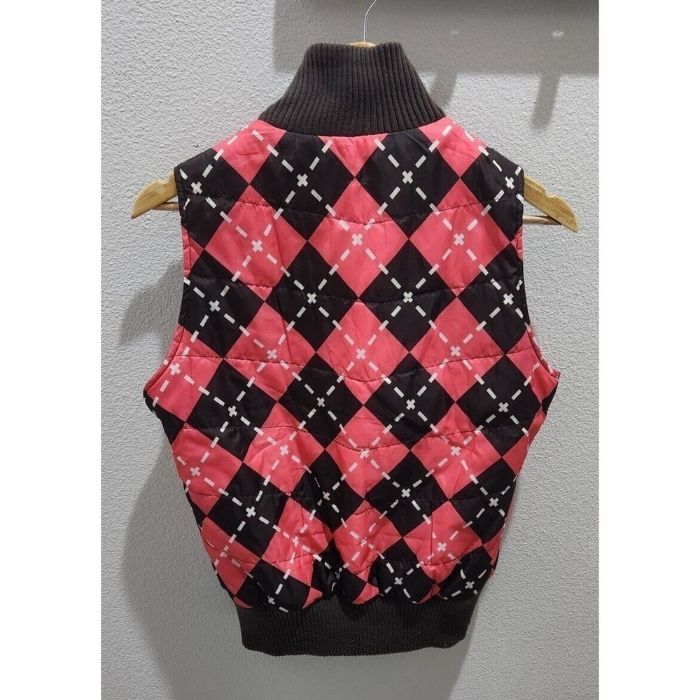 Vintage Le Tigre Women Reversible Puffer Vest Pink Argyle Y2K Mock Neck M - Picture 3 of 14